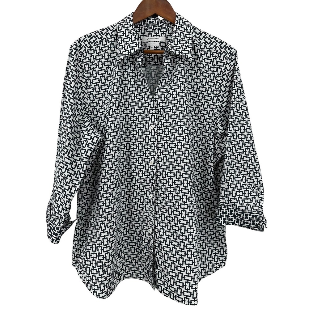 Foxcroft Black & White Chain Easy Care Cotton Stretch Button-up Shirt Womens XXL
